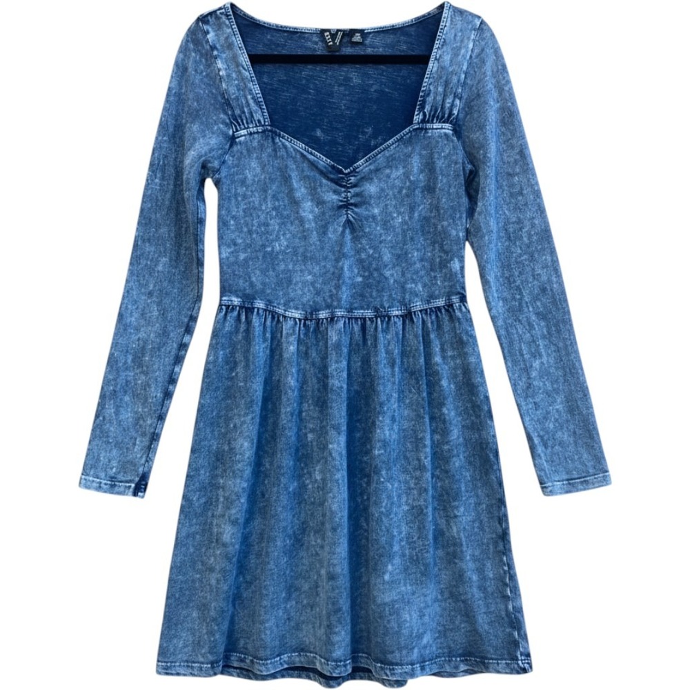 Roxy Women Dress Medium Blue Long‎ Sleeve Acid Wash Sweetheart Neck Mini